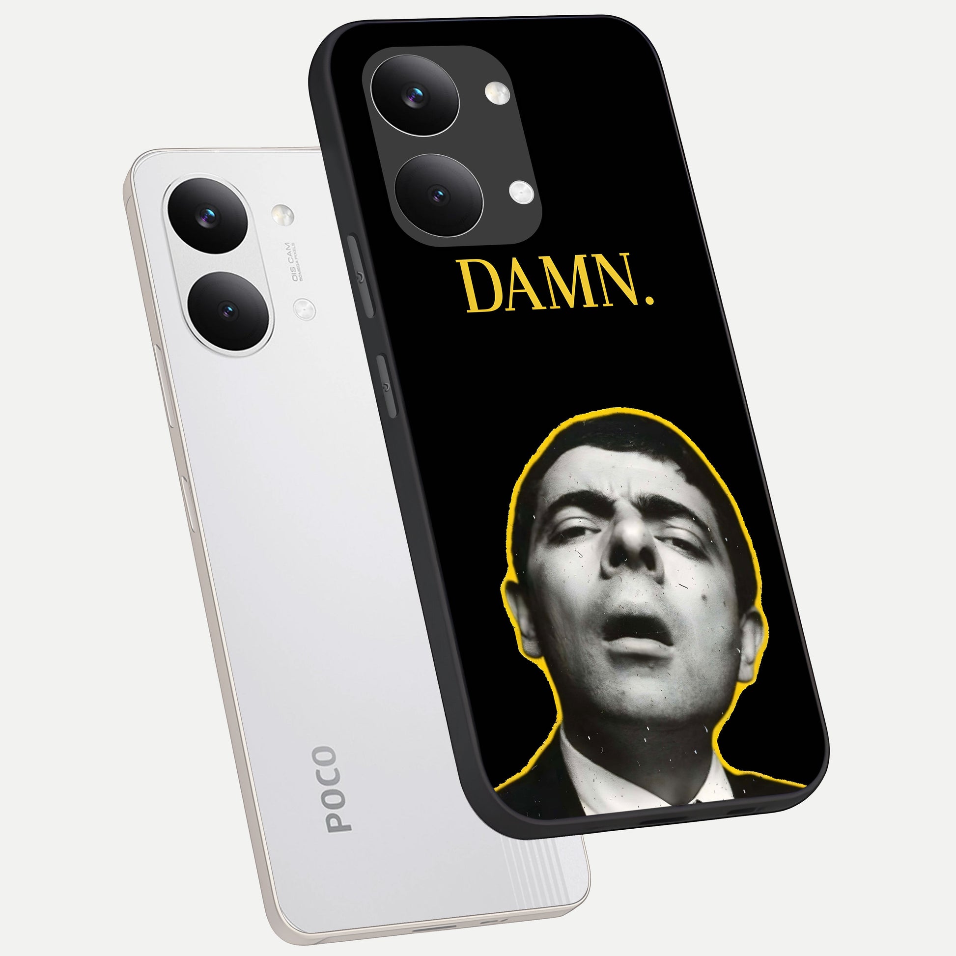  Mr Bean Damn phone case For Poco X8 Pro Max showing premium glass back cover with detailed artwork