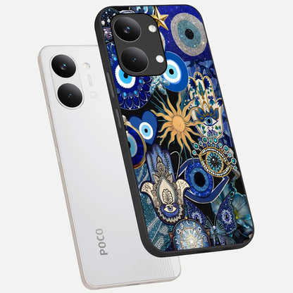  Mystic Blue Evil Eye phone case For Poco X8 Pro Max showing premium glass back cover with detailed artwork