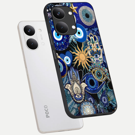 Mystic Blue Evil Eye phone case For Poco X8 Pro Max showing premium glass back cover with detailed artwork
