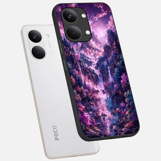  Mystic Cascade Peaks phone case For Poco X8 Pro Max showing premium glass back cover with detailed artwork