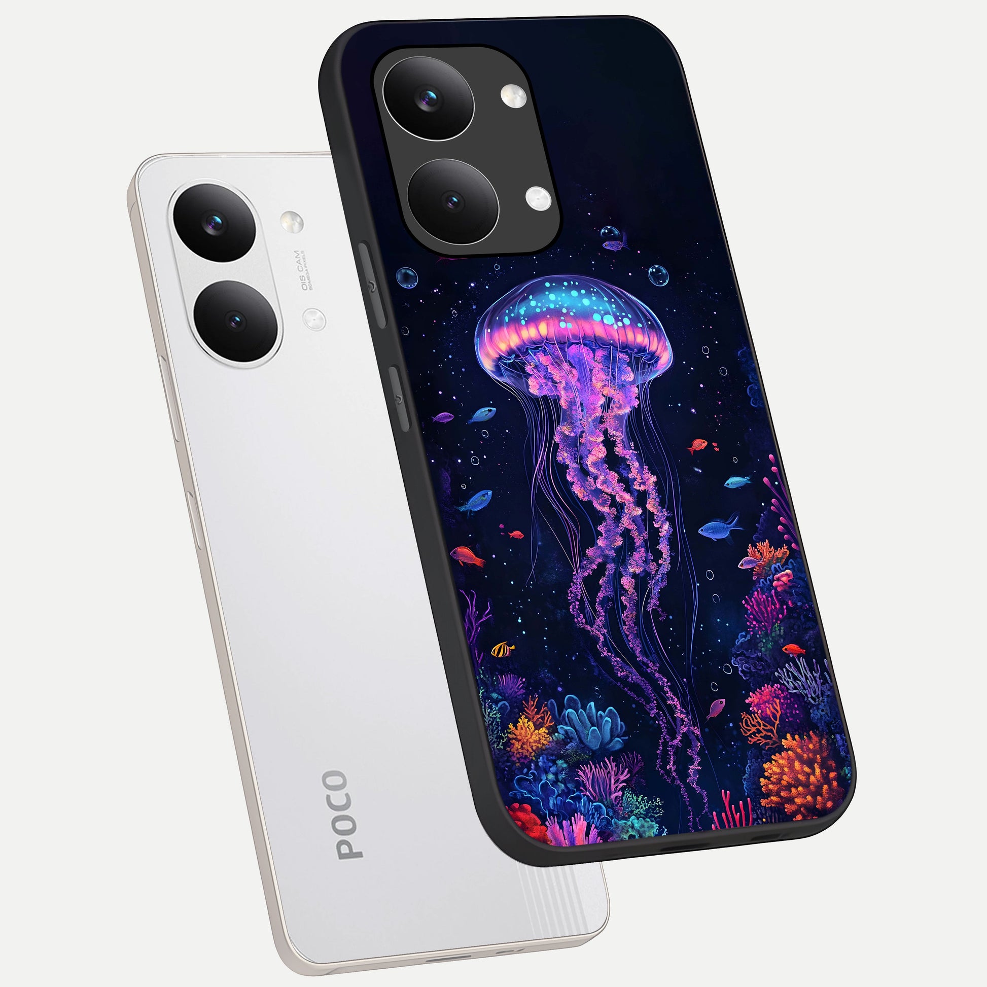  Neon Jellyfish phone case For Poco X8 Pro Max showing premium glass back cover with detailed artwork