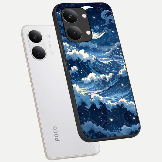  Ocean Moon Waves phone case For Poco X8 Pro Max showing premium glass back cover with detailed artwork