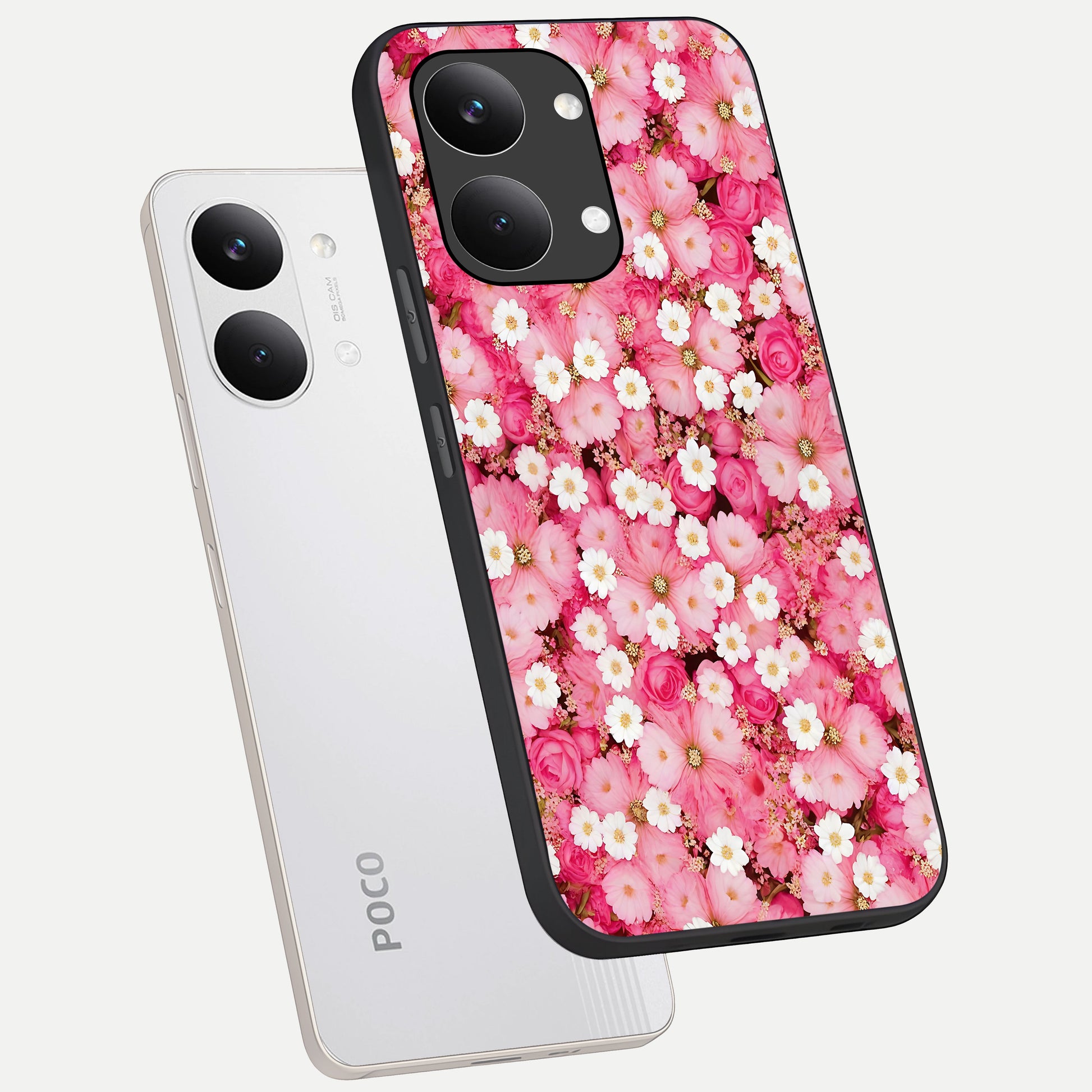  Pink Daisy Bliss phone case For Poco X8 Pro Max showing premium glass back cover with detailed artwork