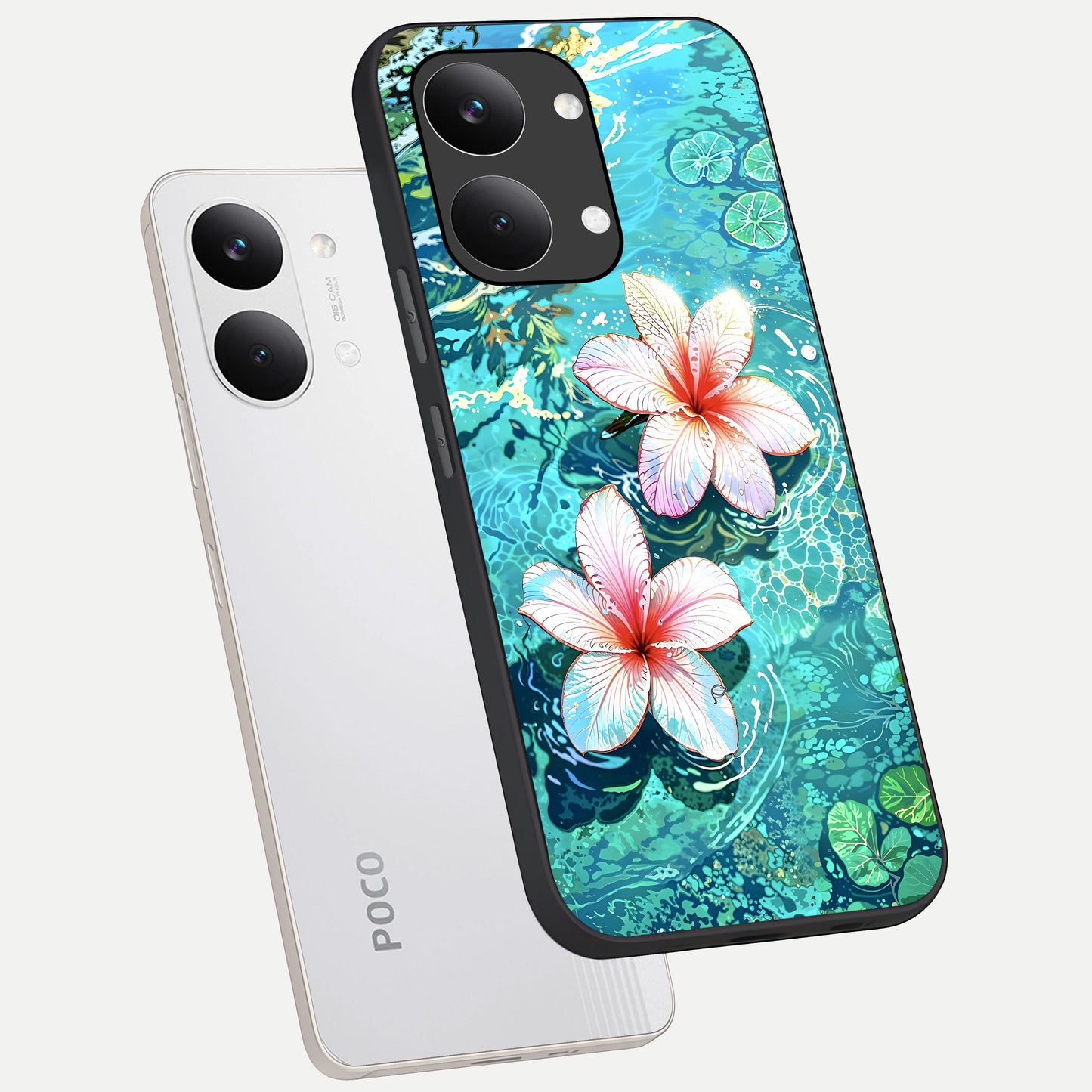  Pink Flowers in Water phone case For Poco X8 Pro Max showing premium glass back cover with detailed artwork