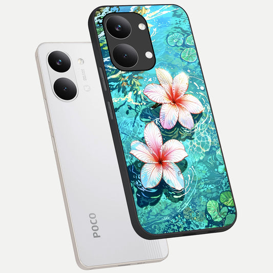  Pink Flowers in Water phone case For Poco X8 Pro Max showing premium glass back cover with detailed artwork