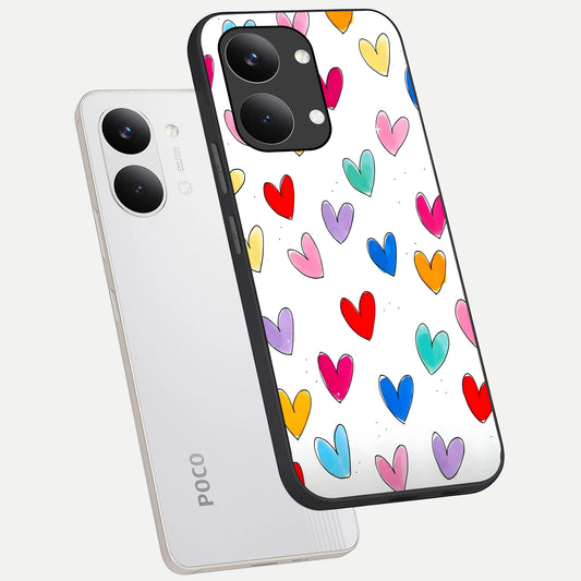  Playful Love Doodles phone case For Poco X8 Pro Max showing premium glass back cover with detailed artwork