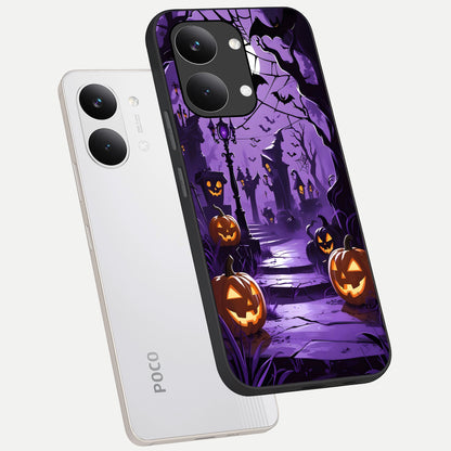  Pumpkin Patch Halloween phone case For Poco X8 Pro Max showing premium glass back cover with detailed artwork