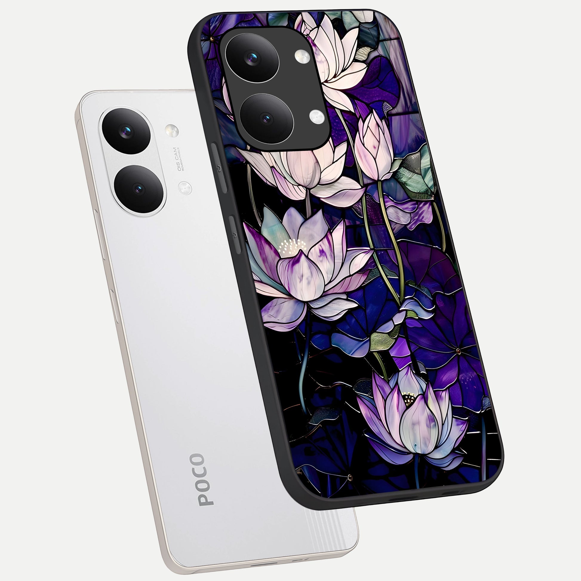  Purple Lotus Pattern phone case For Poco X8 Pro Max showing premium glass back cover with detailed artwork