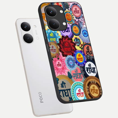  Radha Divine Bloom phone case For Poco X8 Pro Max showing premium glass back cover with detailed artwork