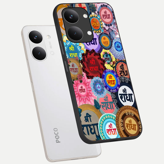  Radha Divine Bloom phone case For Poco X8 Pro Max showing premium glass back cover with detailed artwork