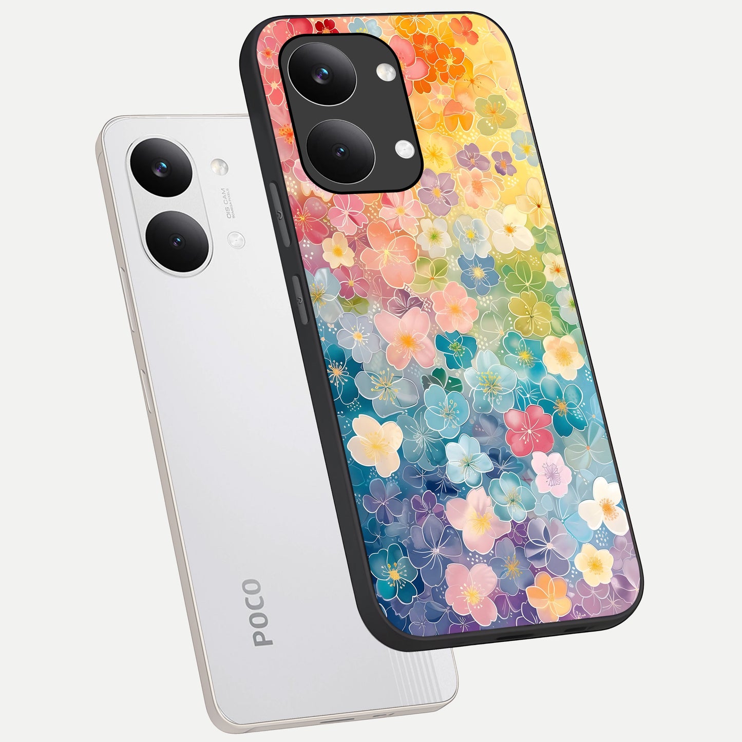  Rainbow Blossom Burst phone case For Poco X8 Pro Max showing premium glass back cover with detailed artwork