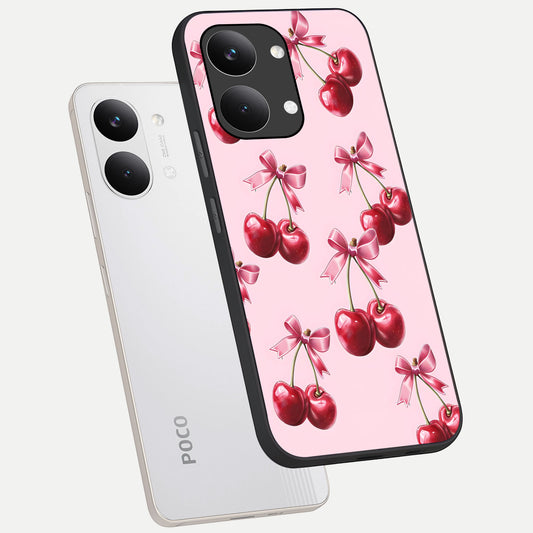  Red Cherries Pattern phone case For Poco X8 Pro Max showing premium glass back cover with detailed artwork