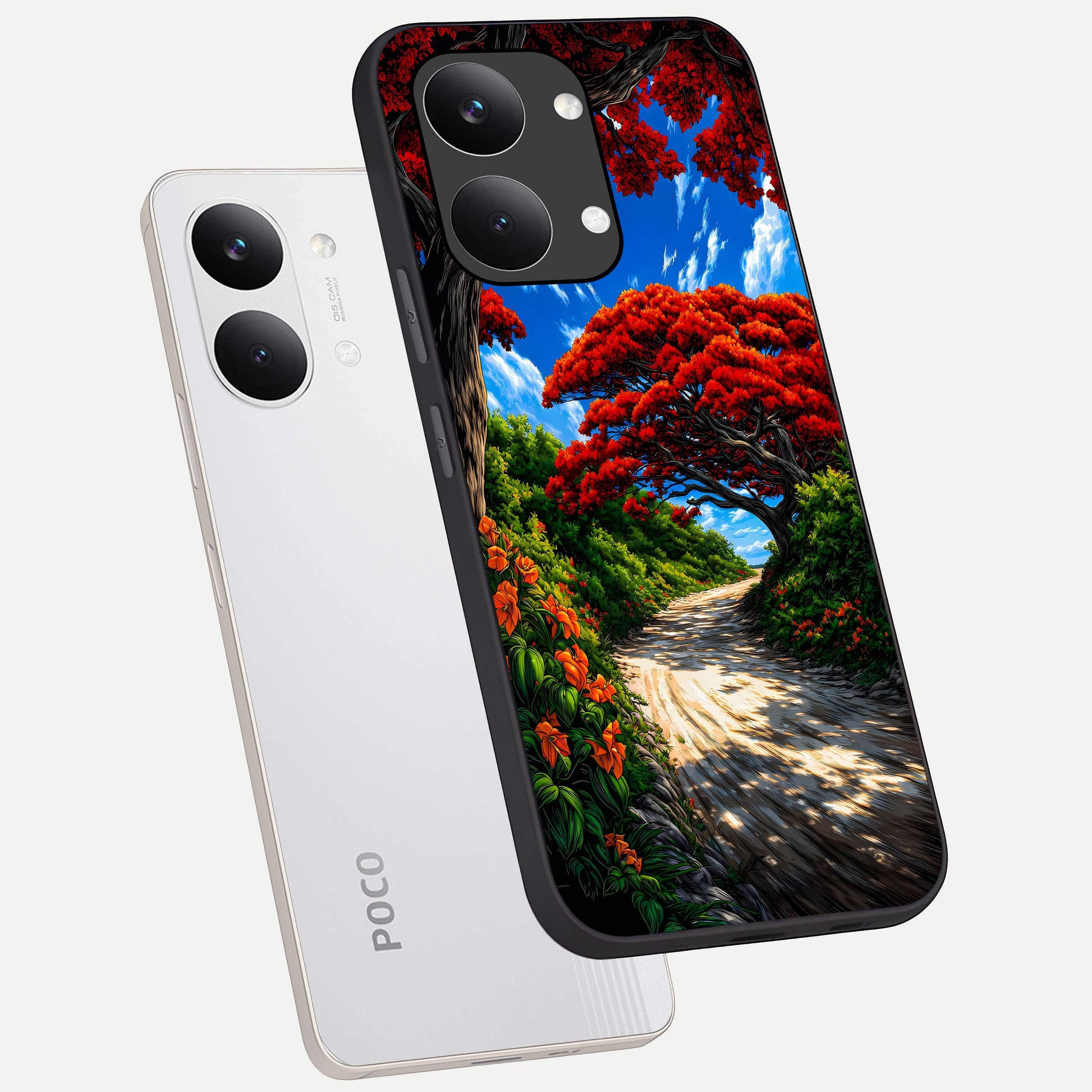  Red Trees Pathway phone case For Poco X8 Pro Max showing premium glass back cover with detailed artwork