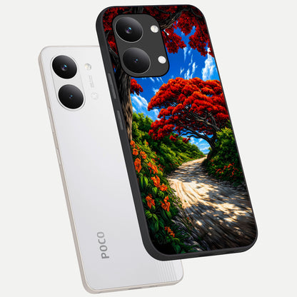  Red Trees Pathway phone case For Poco X8 Pro Max showing premium glass back cover with detailed artwork