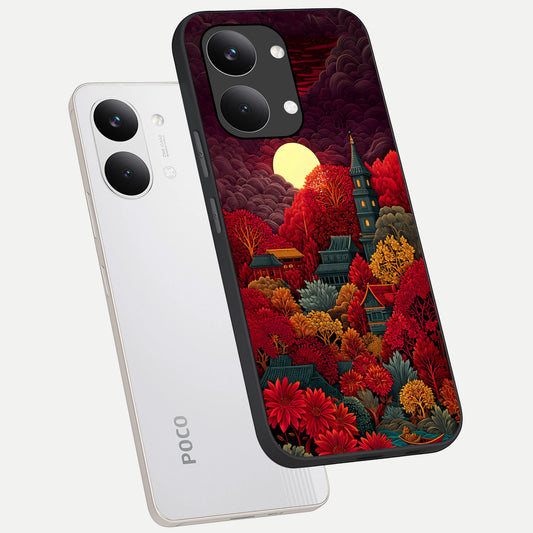  Scarlet Autumn Temple phone case For Poco X8 Pro Max showing premium glass back cover with detailed artwork