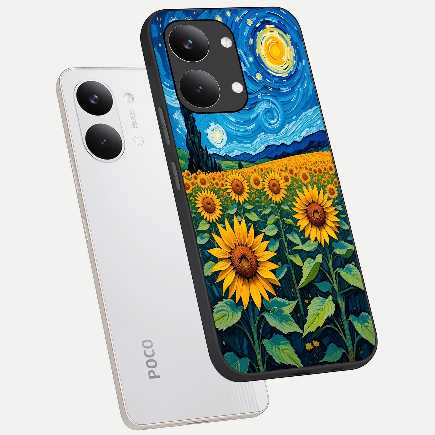  Starry Sunflower Dreams phone case For Poco X8 Pro Max showing premium glass back cover with detailed artwork