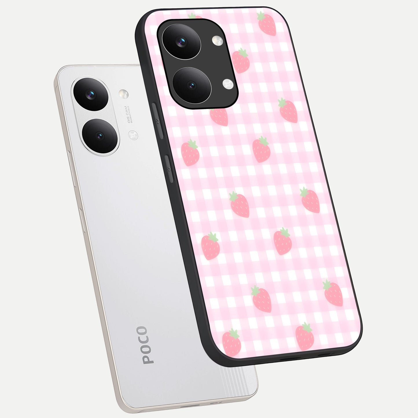  Strawberry Picnic Love phone case For Poco X8 Pro Max showing premium glass back cover with detailed artwork