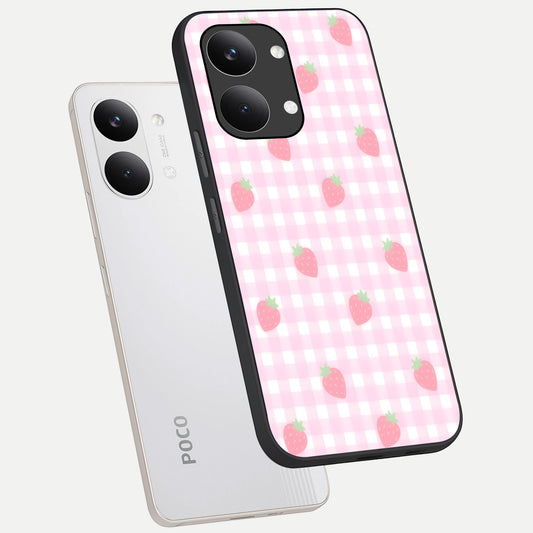  Strawberry Picnic Love phone case For Poco X8 Pro Max showing premium glass back cover with detailed artwork