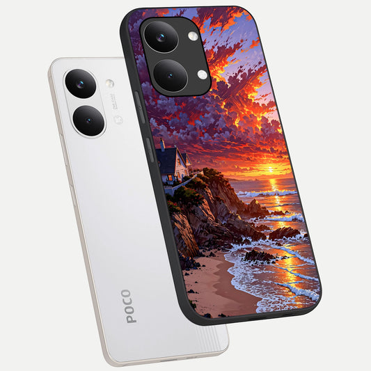  Sunset House By Sea phone case For Poco X8 Pro Max showing premium glass back cover with detailed artwork