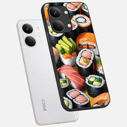  Sushi Food Pattern phone case For Poco X8 Pro Max showing premium glass back cover with detailed artwork
