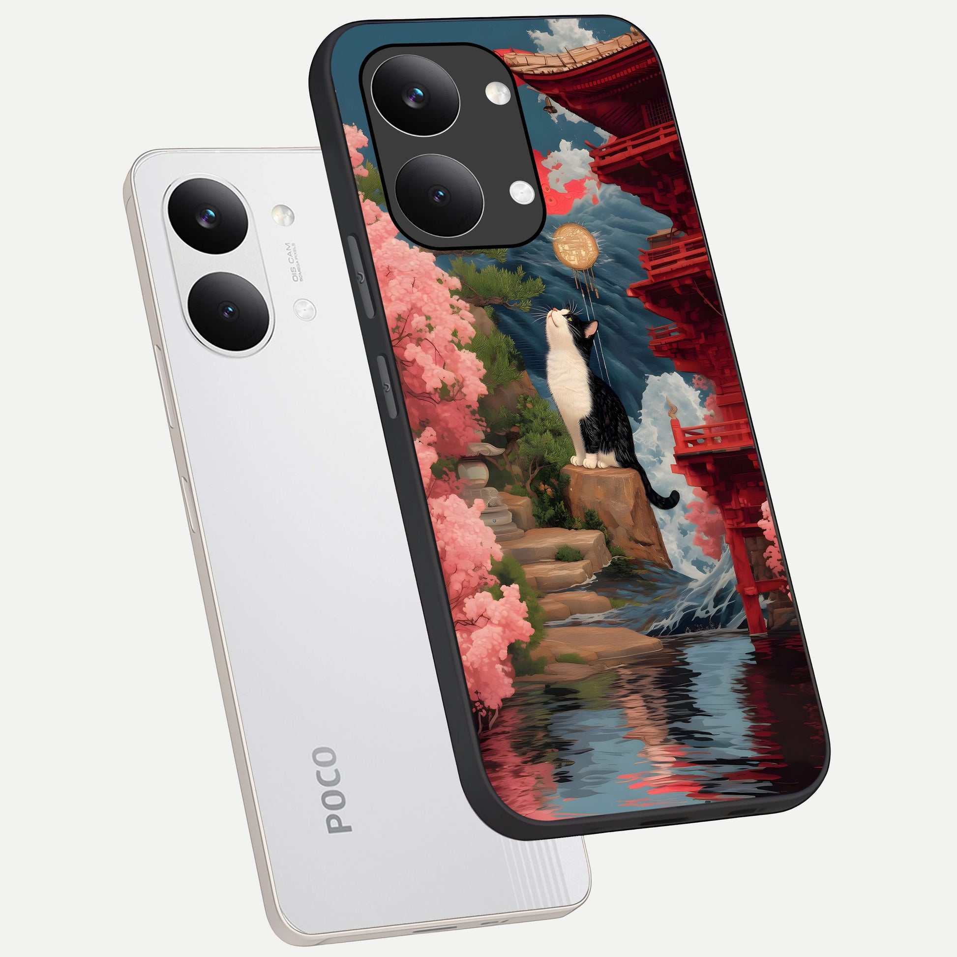  Temple Cat Scenery phone case For Poco X8 Pro Max showing premium glass back cover with detailed artwork