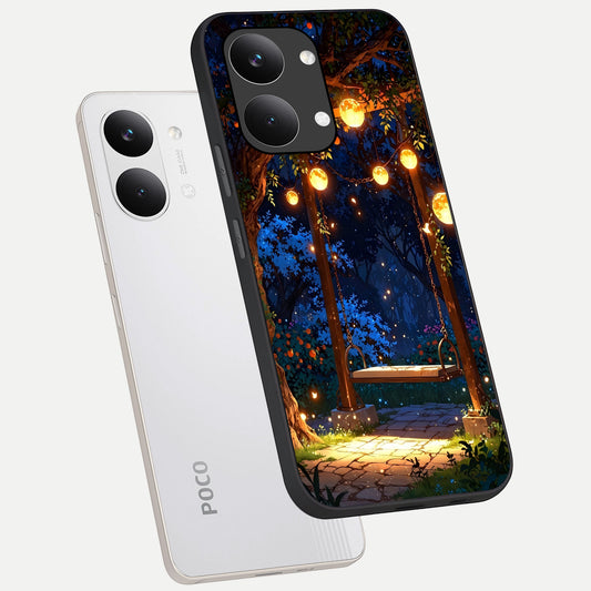  Twilight Garden Swing phone case For Poco X8 Pro Max showing premium glass back cover with detailed artwork