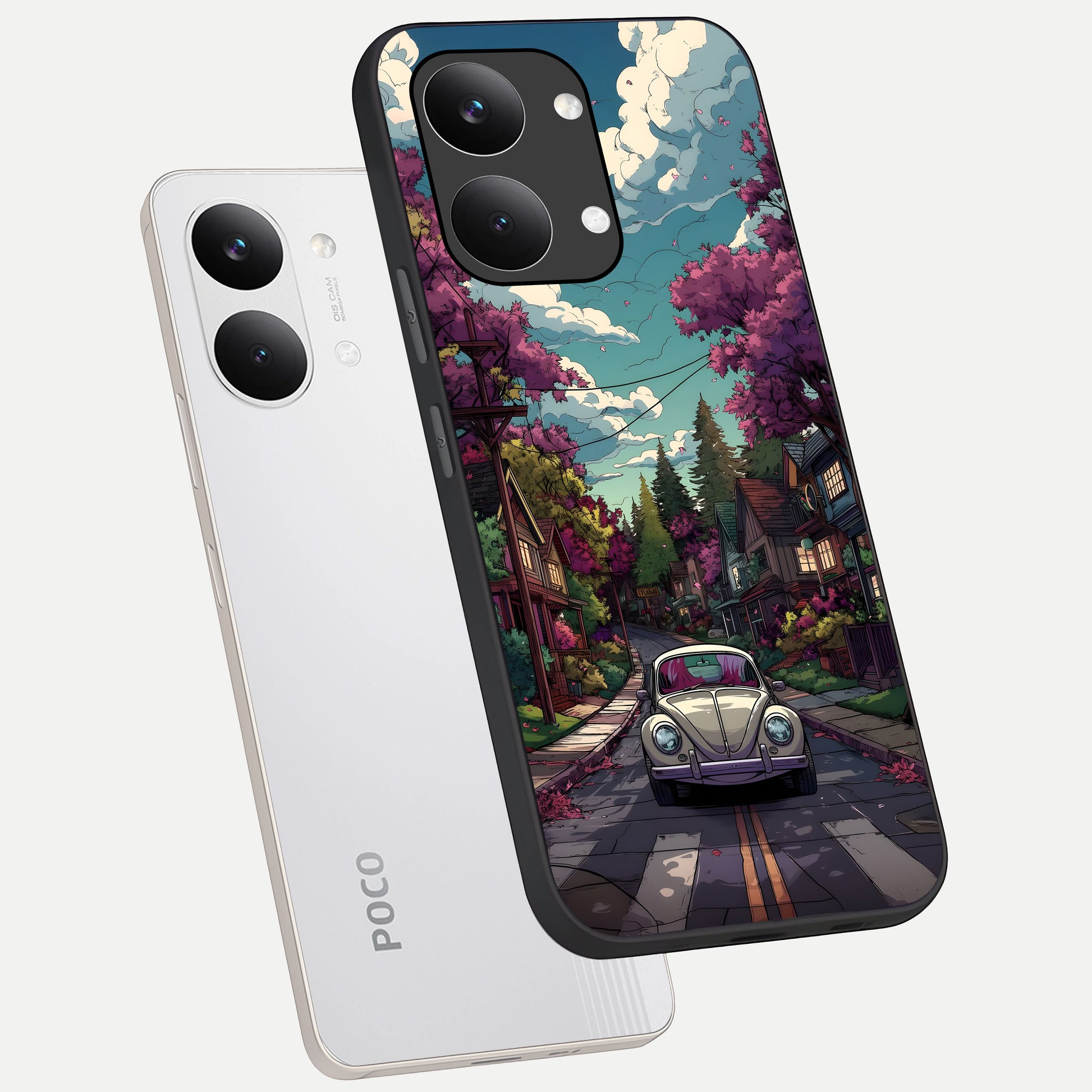  Vintage Street Drive phone case For Poco X8 Pro Max showing premium glass back cover with detailed artwork