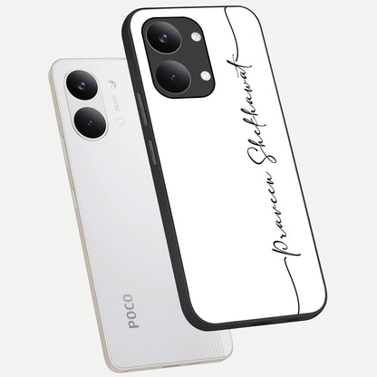  White Tune Custom Name phone case For Poco X8 Pro Max showing premium custom name glass back cover