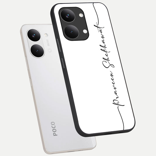  White Tune Custom Name phone case For Poco X8 Pro Max showing premium custom name glass back cover