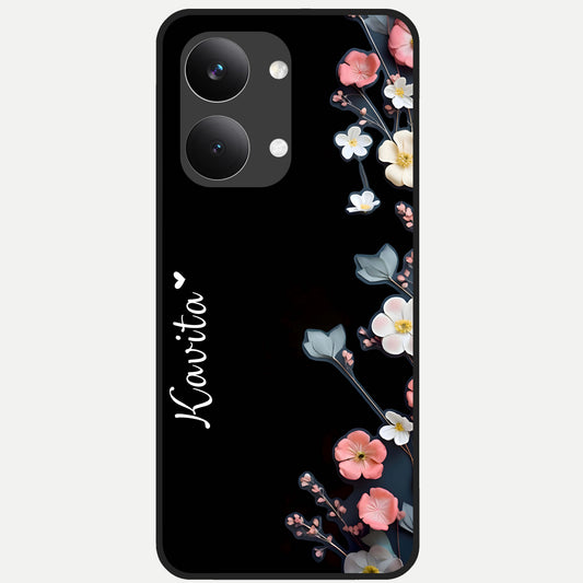  Black Elegance Floral Custom Name Glass Case For Poco X8 Pro Max back cover – full design glossy printed glass finish
