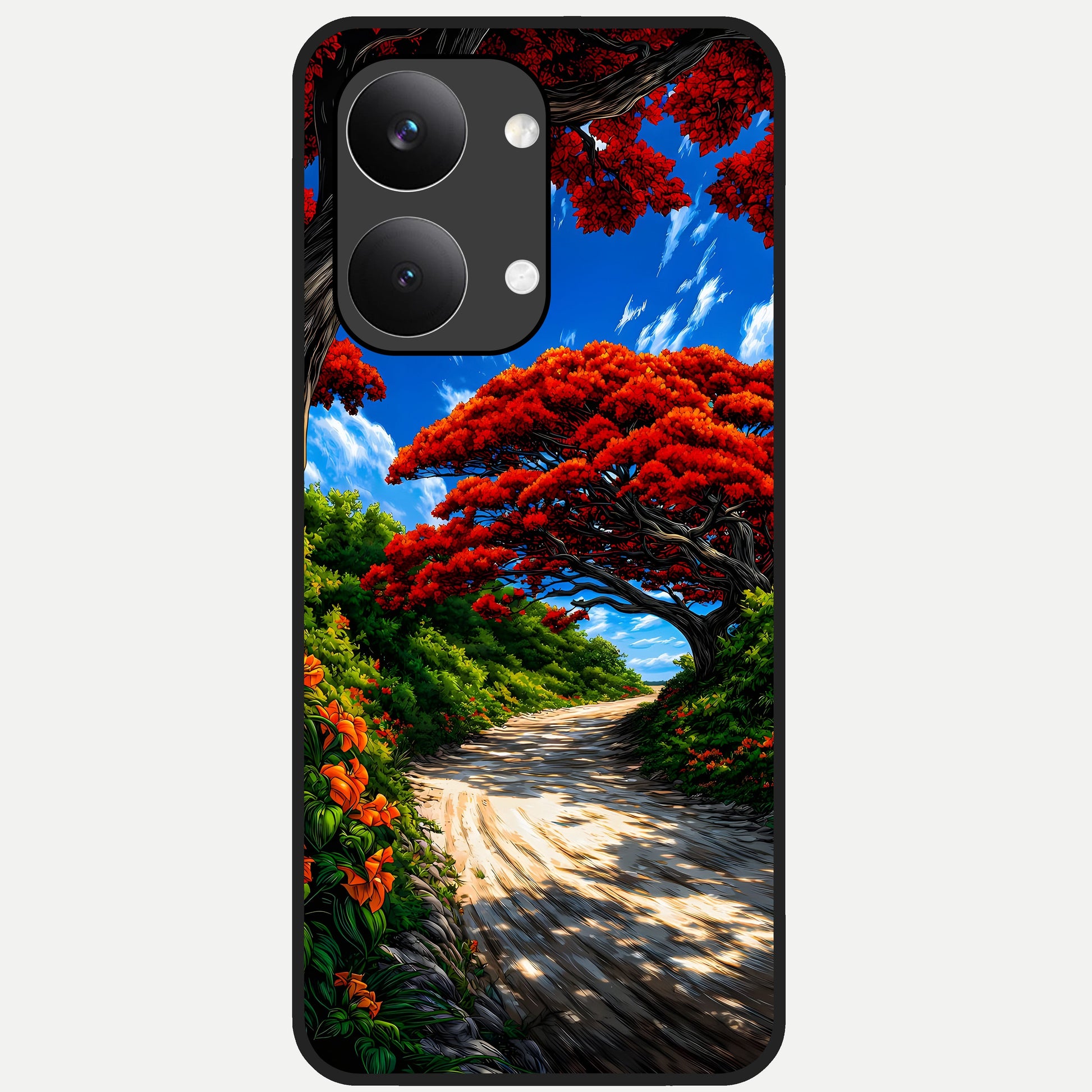  Red Trees Pathway Glass Case For Poco X8 Pro Max back cover – full design glossy printed glass finish