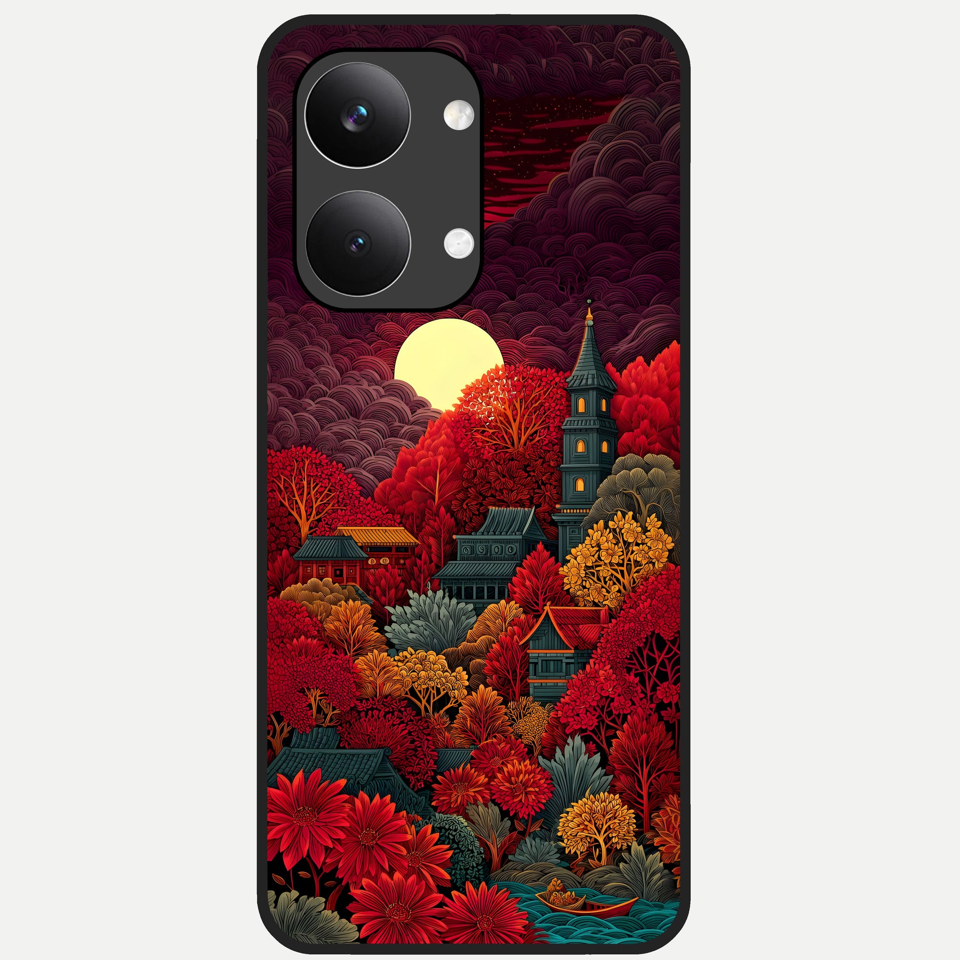  Scarlet Autumn Temple Glass Case For Poco X8 Pro Max back cover – full design glossy printed glass finish
