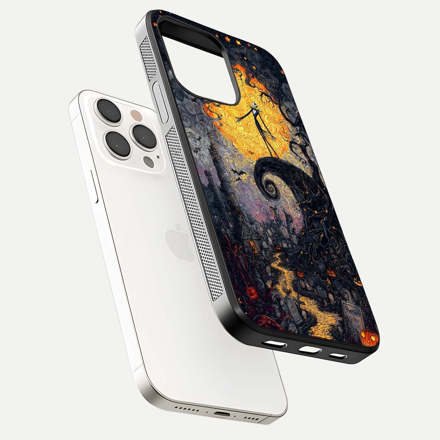 Pumpkin Moon Night Glass Case for iPhone 15 Pro Max floating dual-view mockup showing HD gloss and spooky detail