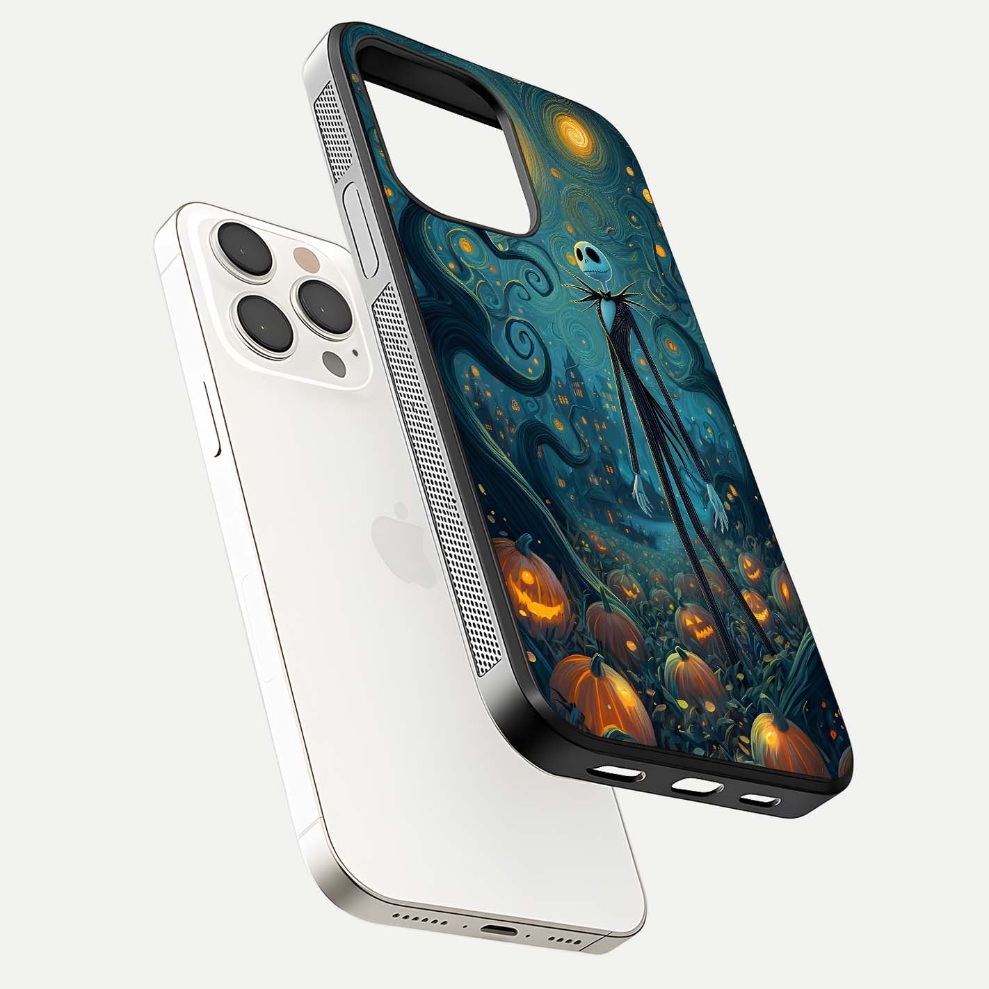 Pumpkin Moonlight Tale Glass Case for iPhone 15 Pro Max floating dual-view mockup showing HD gloss and eerie design