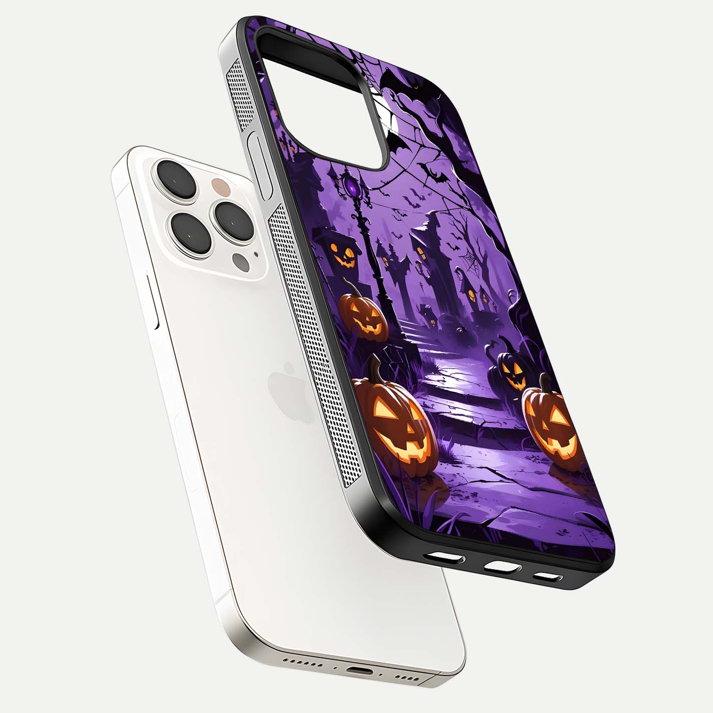 Pumpkin Patch Halloween Glass Case for iPhone 15 Pro Max floating dual-view mockup displaying gloss and dark tone
