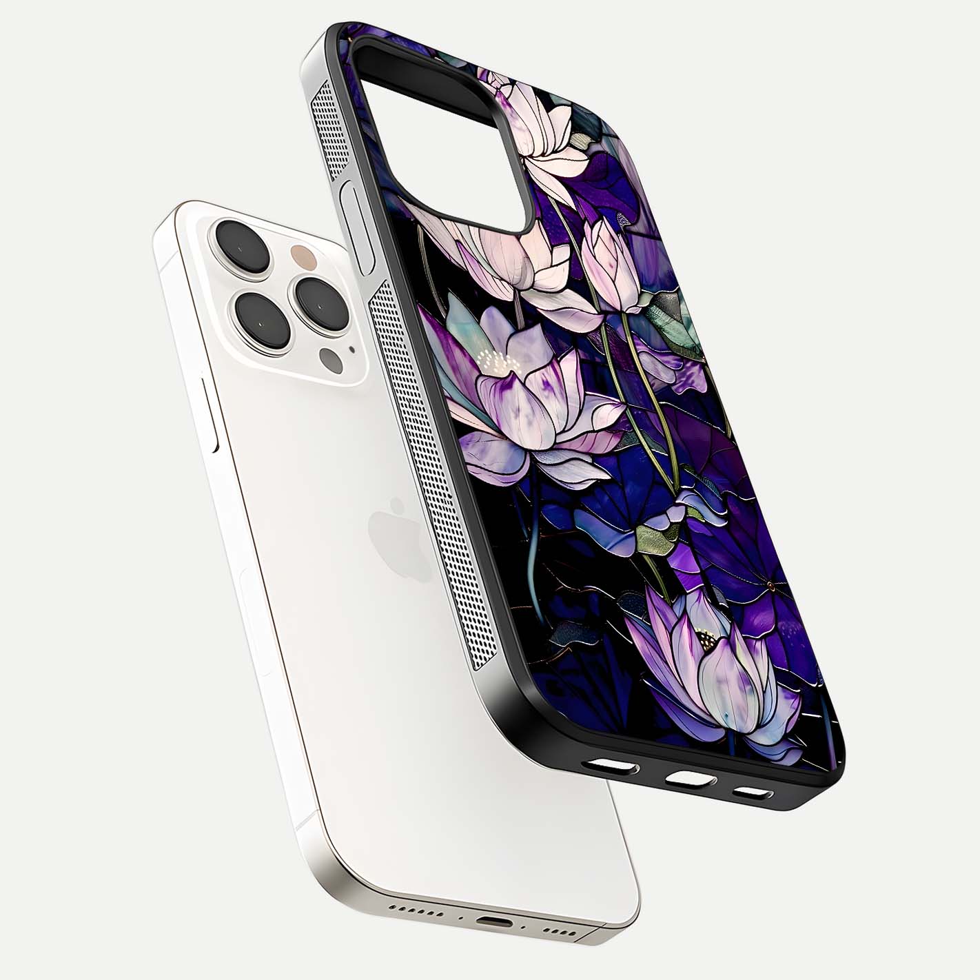 Purple Lotus Pattern Glass Case for iPhone 15 Pro Max floating dual-view mockup showing glass shine and vivid purple hue