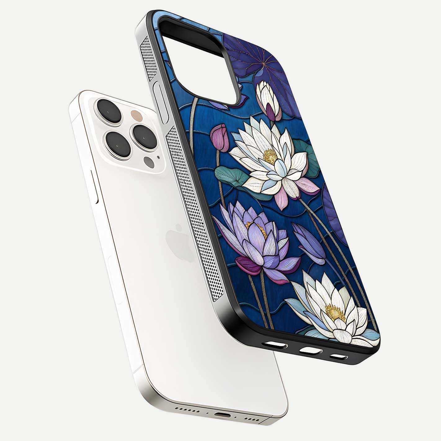 Purple Lotus Stained Glass Case for iPhone 15 Pro Max floating dual-view mockup displaying color depth and glass clarity