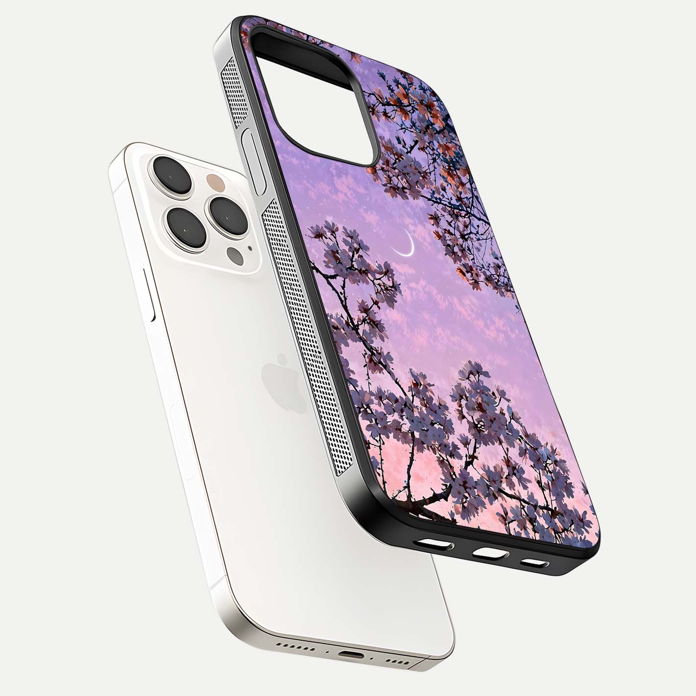 Purple Serenity Moon Glass Case for iPhone 15 Pro Max floating dual-view mockup showing gloss and cosmic detail