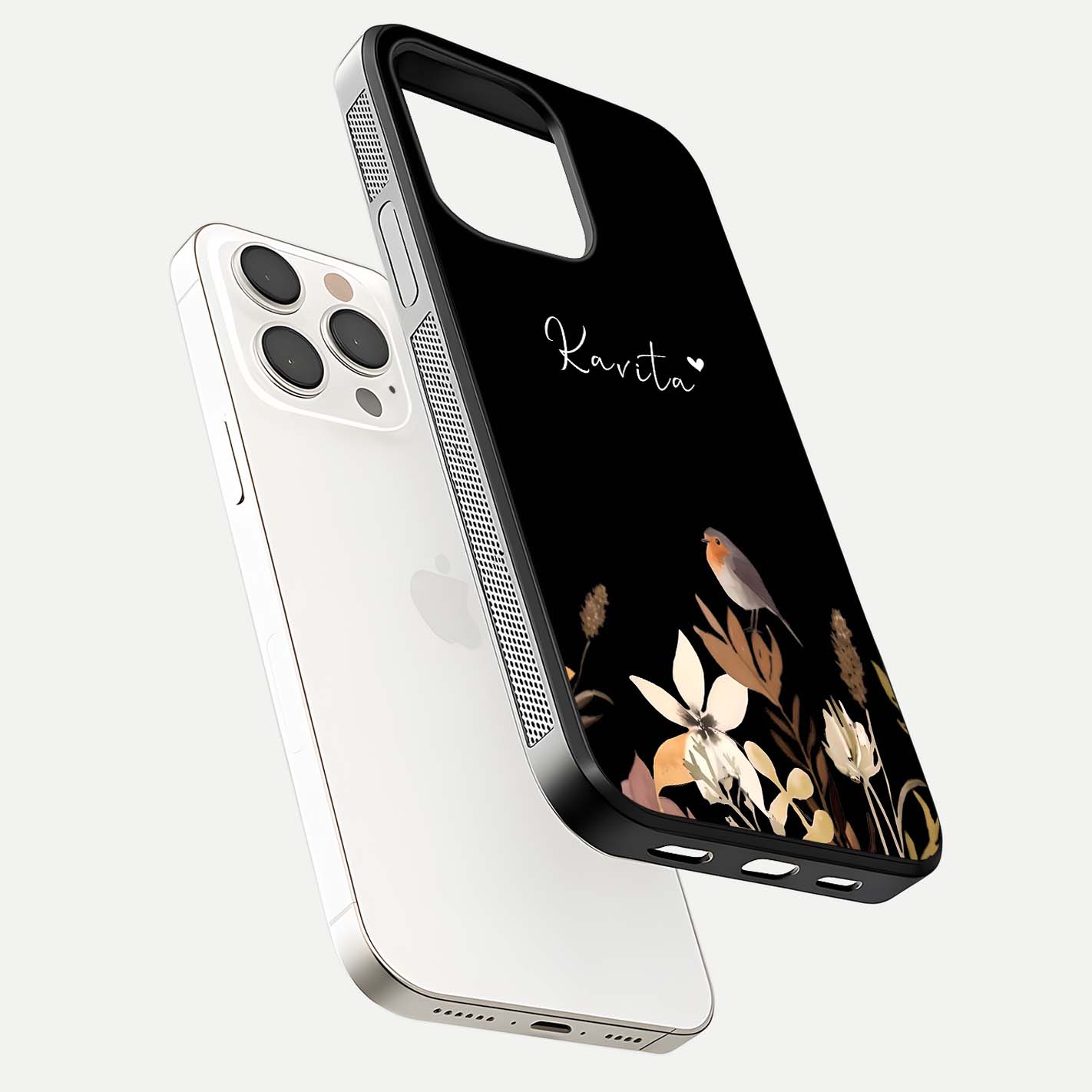 Quiet Garden Tune Custom Name Glass Case for iPhone 15 Pro Max floating dual-view mockup showing gloss and elegant detail