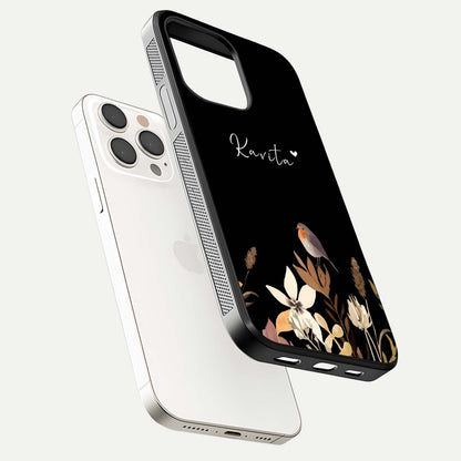 Quiet Garden Tune Custom Name Glass Case for iPhone 15 Pro Max floating dual-view mockup showing gloss and elegant detail