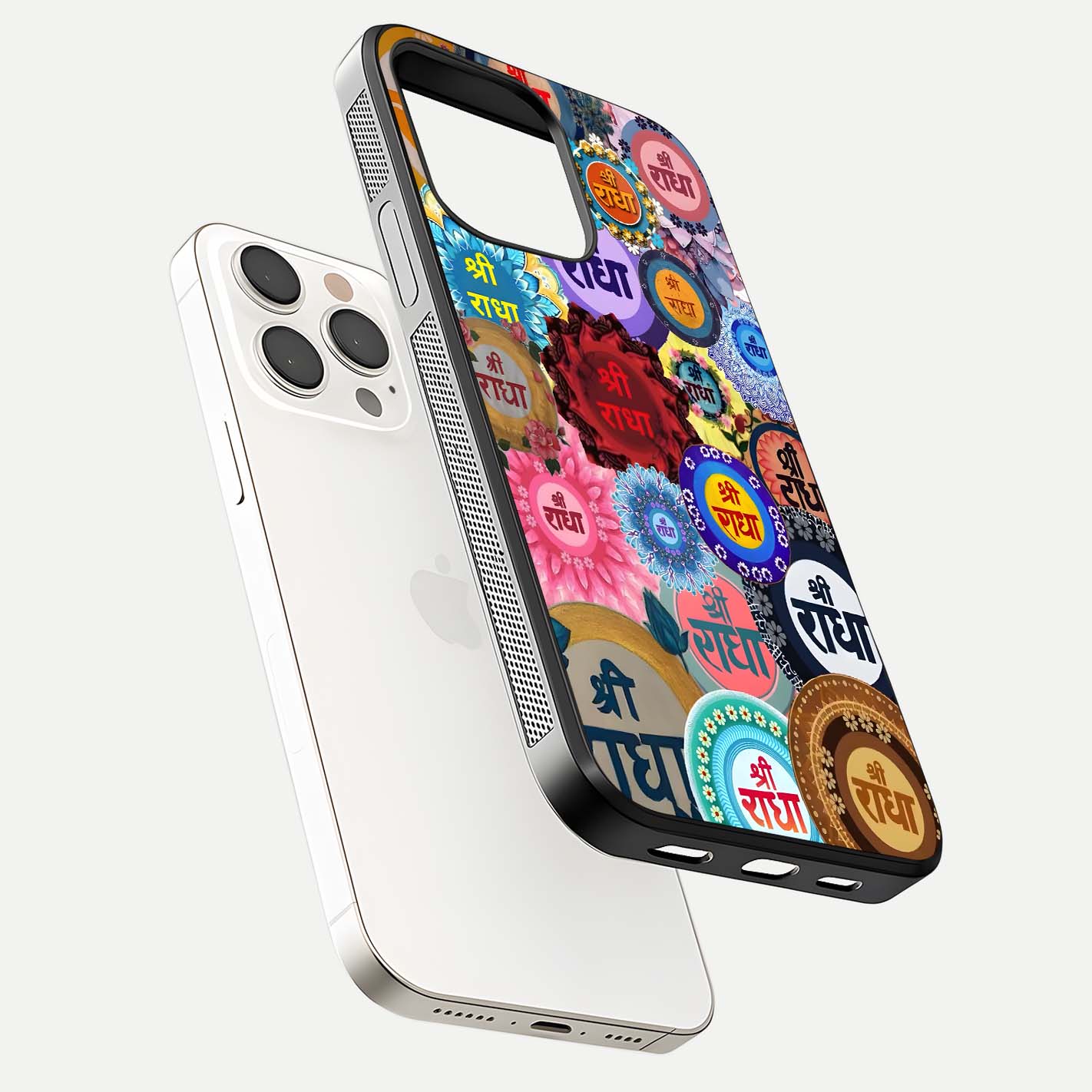 Radha Divine Bloom Glass Case for iPhone 15 Pro Max floating dual-view mockup showing gloss depth and HD art