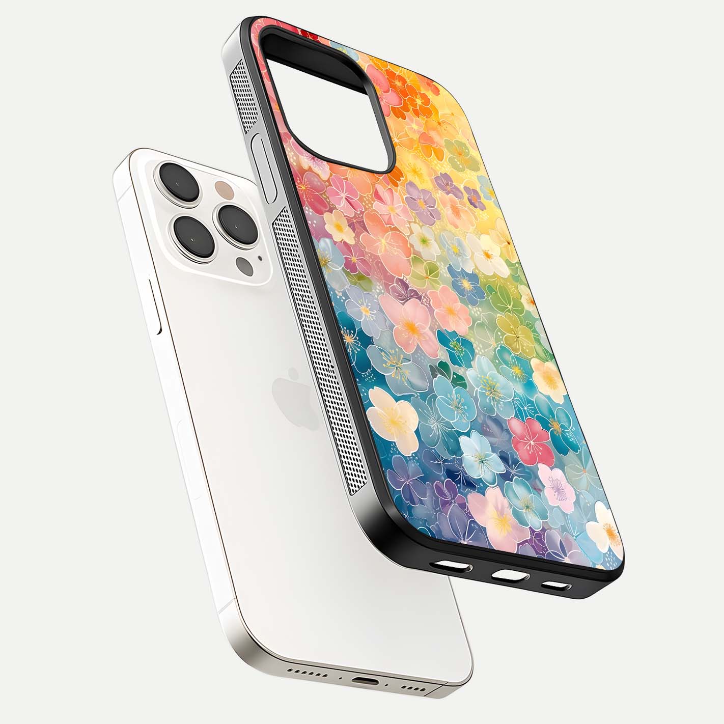 Rainbow Blossom Burst Glass Case for iPhone 15 Pro Max floating dual-view mockup displaying gloss and gradient pattern