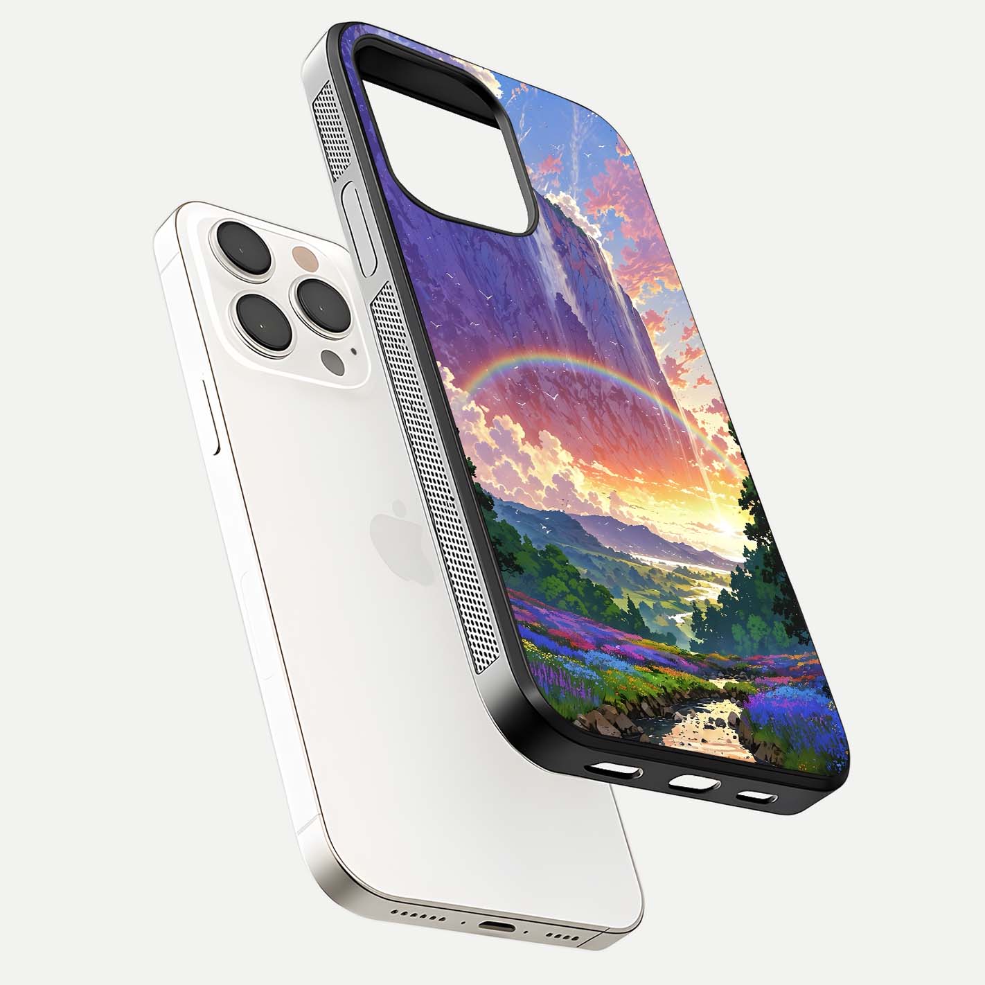 Rainbow Valley Dream Glass Case for iPhone 15 Pro Max floating dual-view mockup showing gloss texture and dream vibe