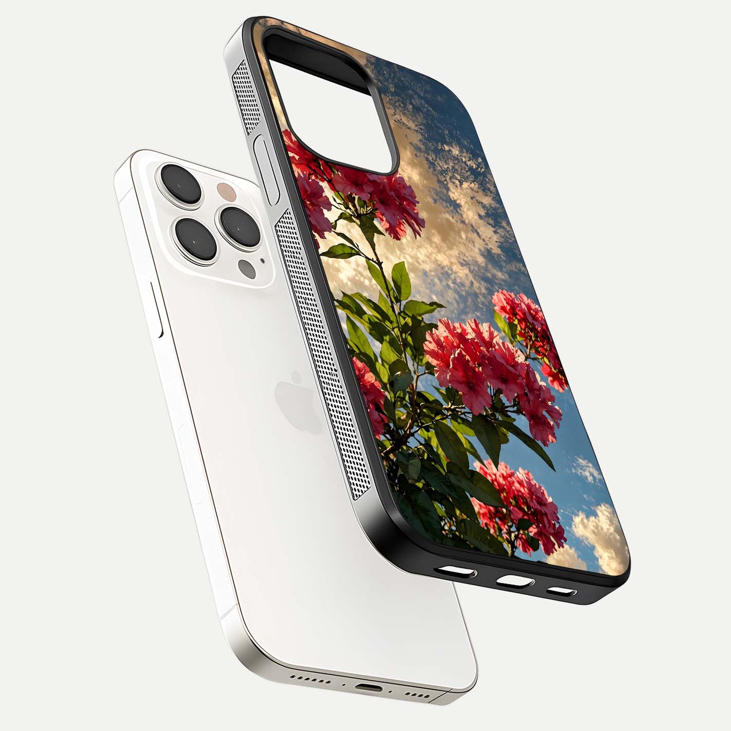 Red Bloom Skies Glass Case for iPhone 15 Pro Max floating dual-view mockup showing glass gloss and floral pattern