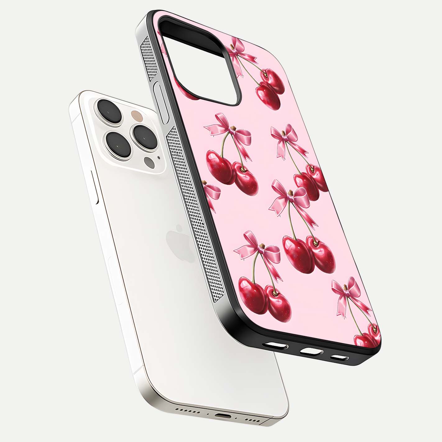 Red Cherries Pattern Glass Case for iPhone 15 Pro Max floating dual-view mockup showing gloss and color contrast