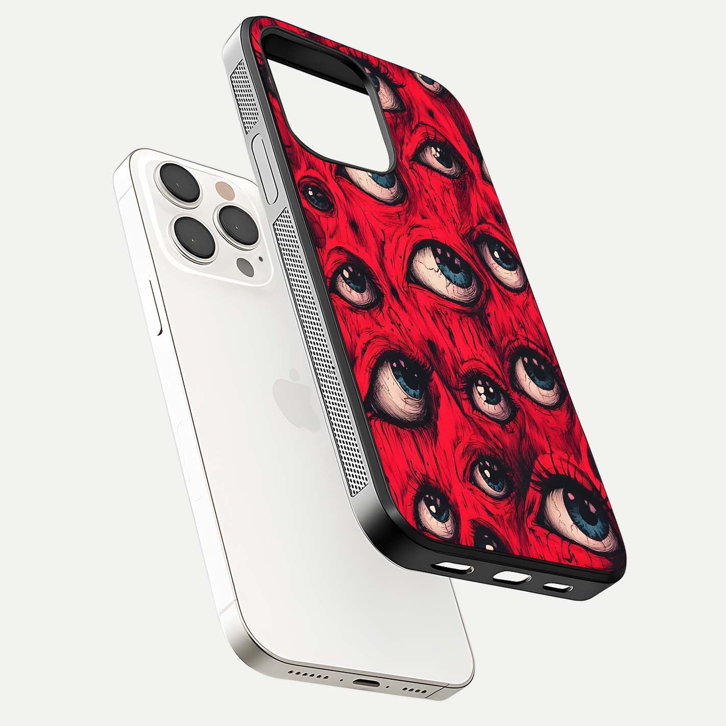 Red Eyes Pattern Glass Case for iPhone 15 Pro Max floating dual-view mockup displaying reflection and gloss texture