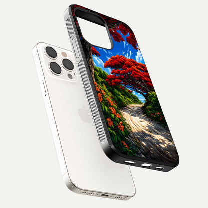 Red Trees Pathway Glass Case for iPhone 15 Pro Max floating dual-view mockup displaying gloss texture and print depth