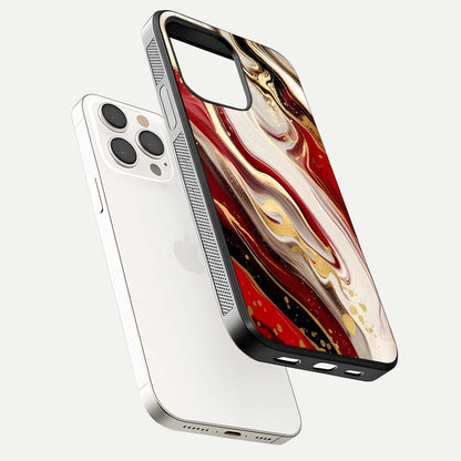 Red & White Marble Glass Case for iPhone 15 Pro Max floating dual-view mockup displaying glossy texture and pattern depth