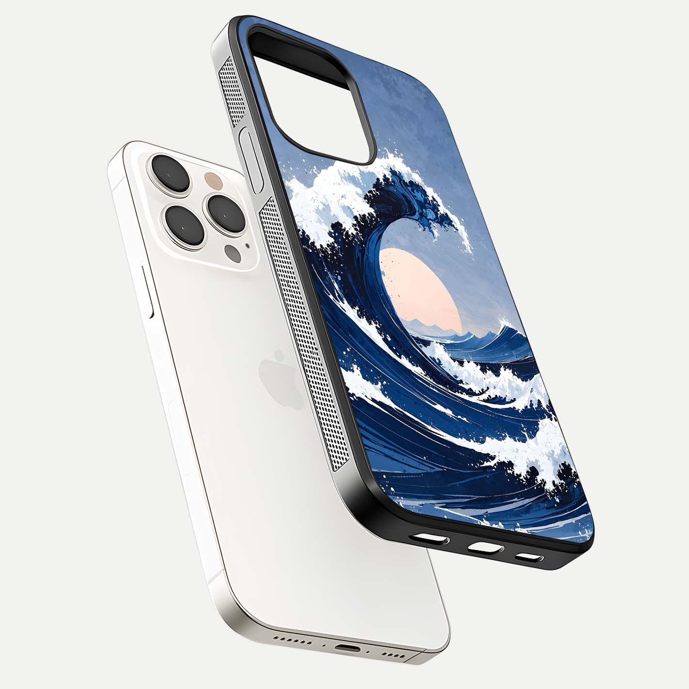 Rising Tide Power Glass Case for iPhone 15 Pro Max floating dual-view mockup displaying gloss texture and flow pattern