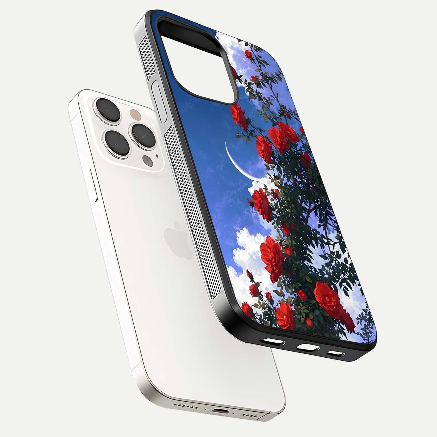 Rose Drift Flowers Glass Case for iPhone 15 Pro Max floating dual-view mockup showing gloss shine and floral tone